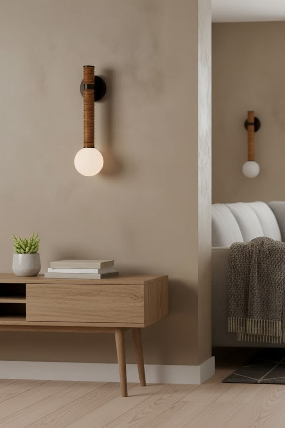 Boho Rattan Wrapped Wall Light with Opal Globe, G9
