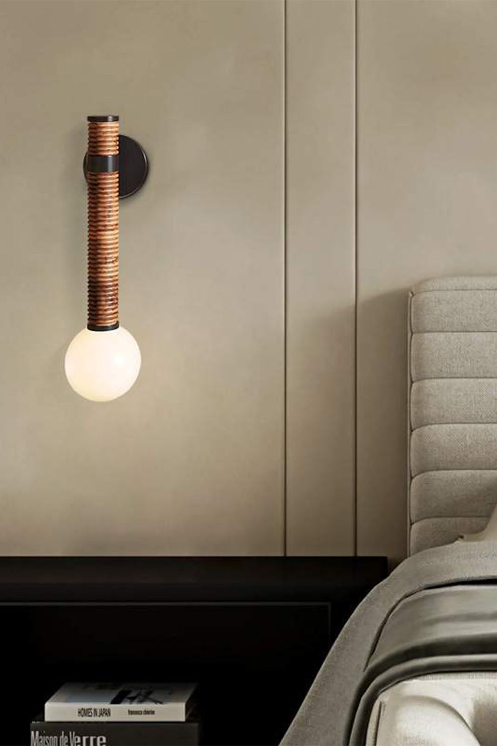 Boho Rattan Wrapped Wall Light with Opal Globe, G9
