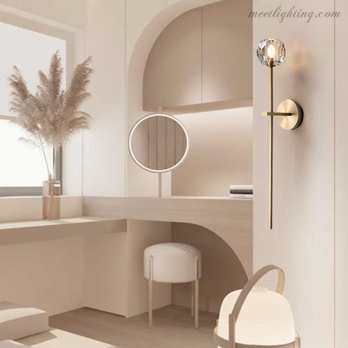 Glamour K9 Crystal Globe Wall Light on Long Brass Arm