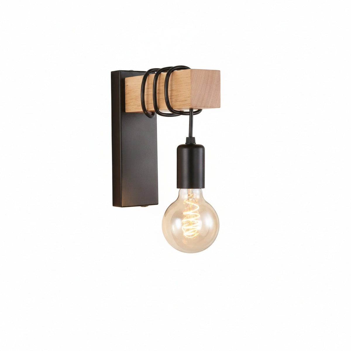 Industrial Wall Light with Wood Block and Hanging Bulb