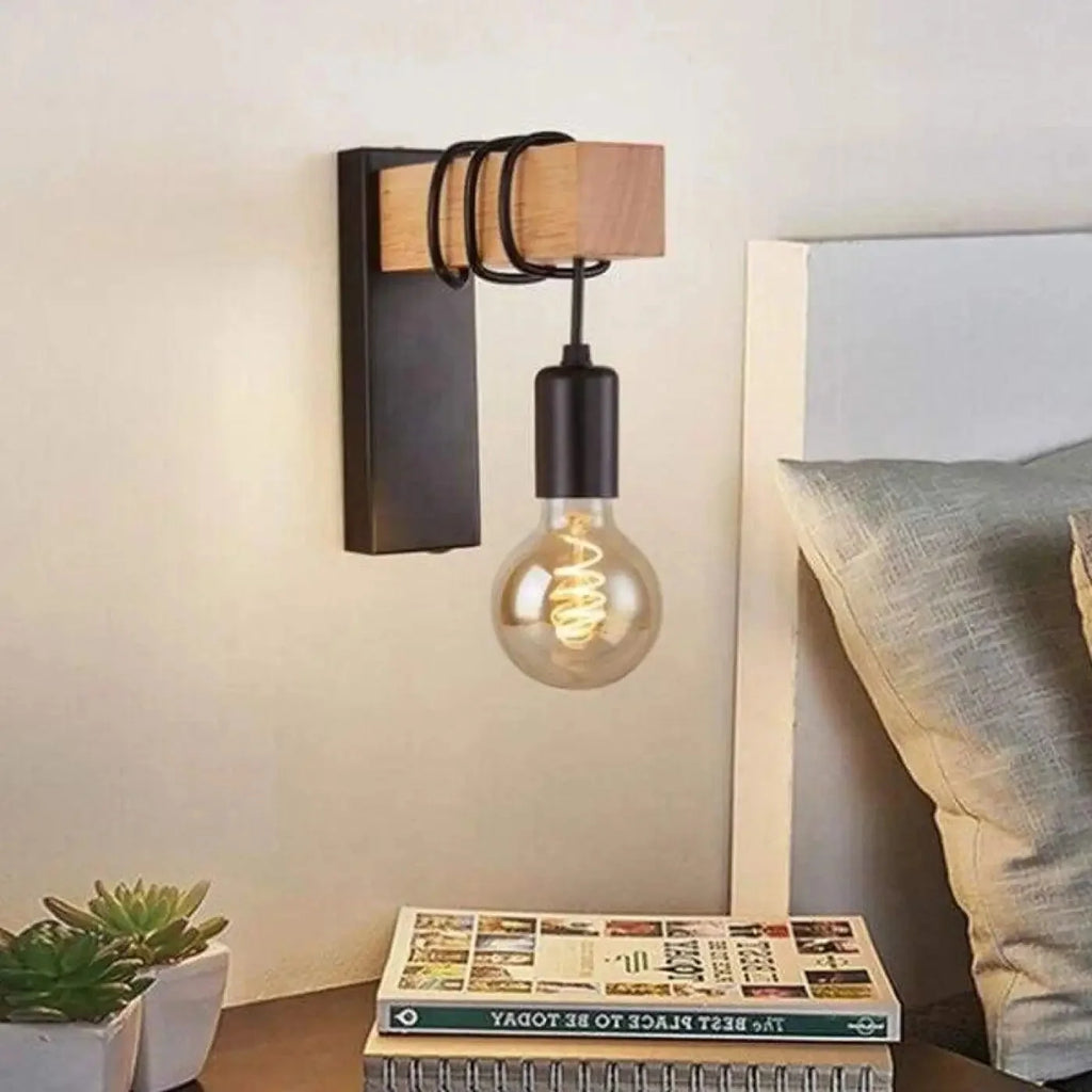 Industrial Wall Light with Wood Block and Hanging Bulb