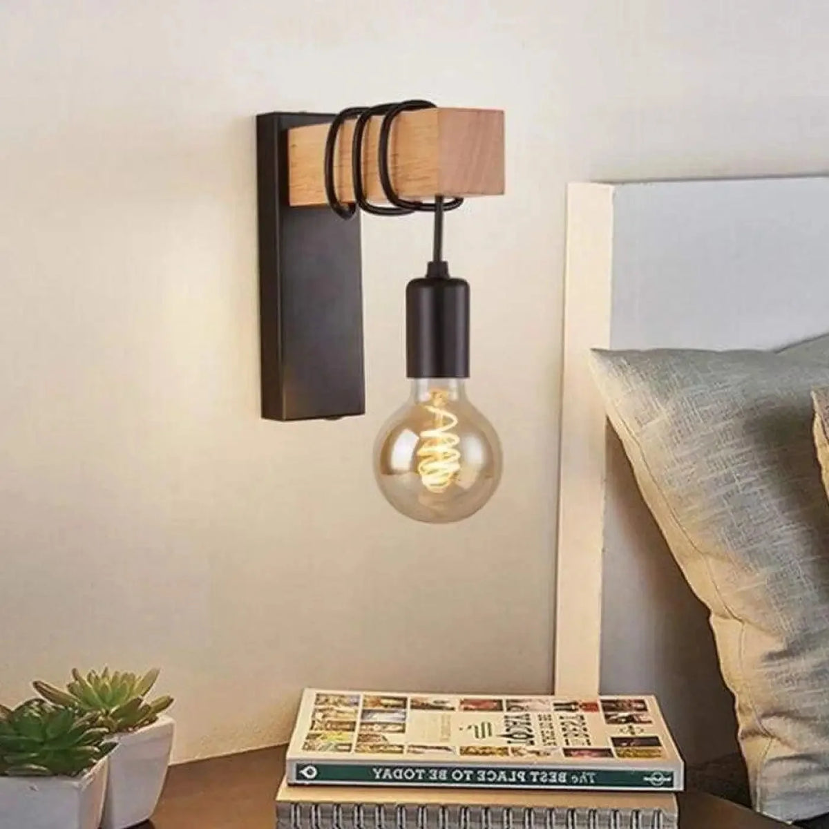 Industrial Wall Light with Wood Block and Hanging Bulb