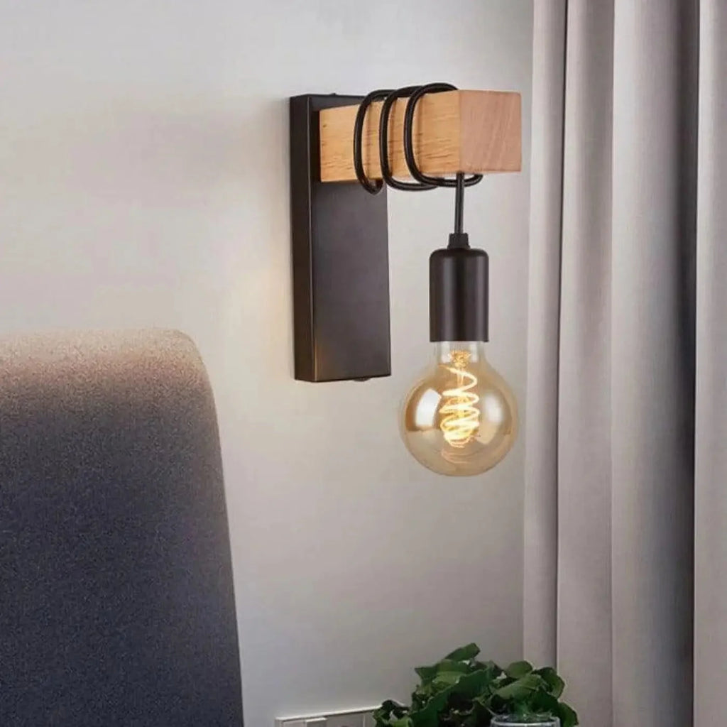 Industrial Wall Light with Wood Block and Hanging Bulb