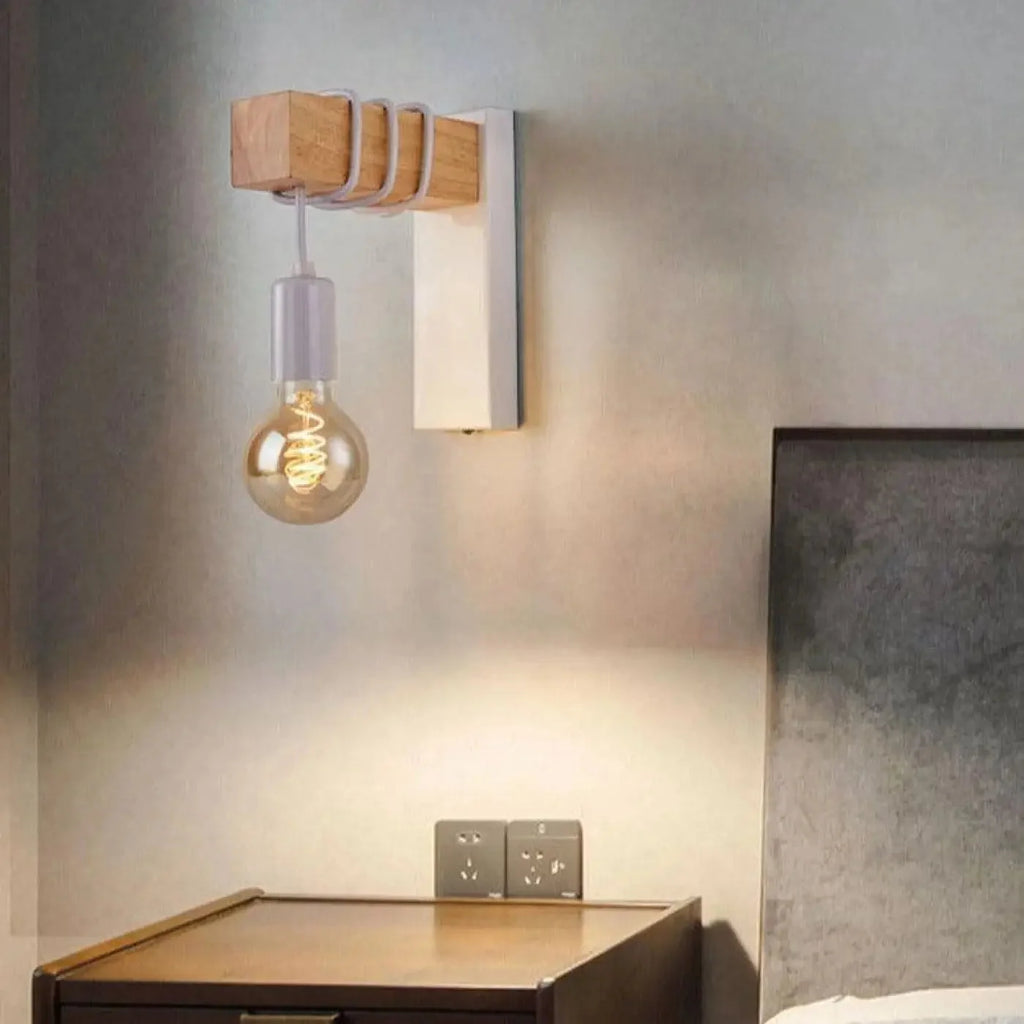 Industrial Wall Light with Wood Block and Hanging Bulb