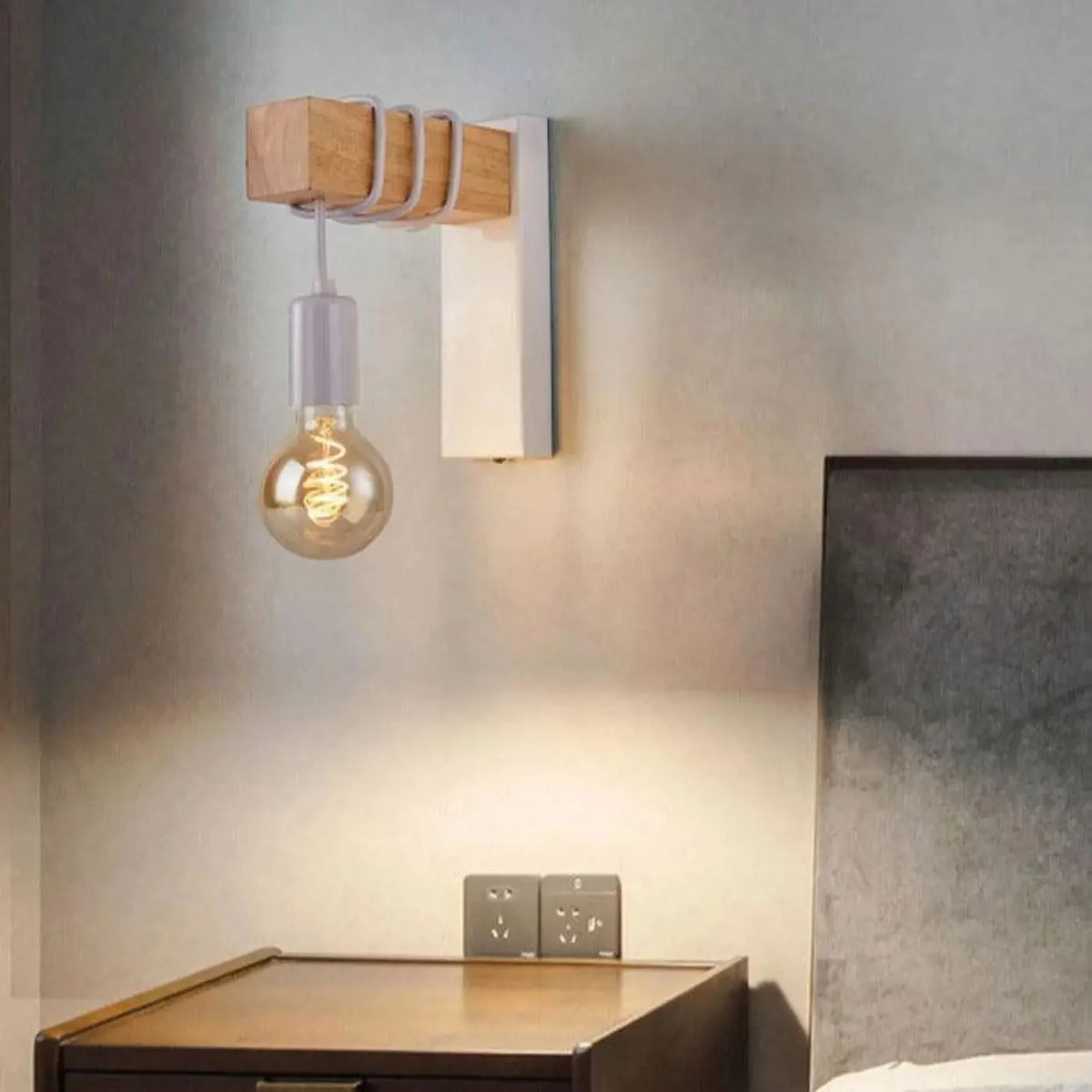 Industrial Wall Light with Wood Block and Hanging Bulb