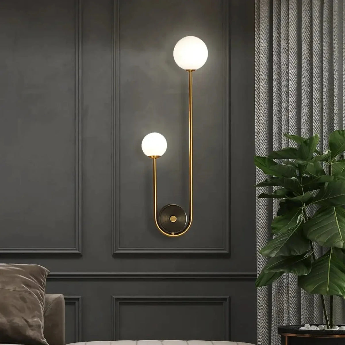 Modernist Wall Light with Two Opal Glass Globes
