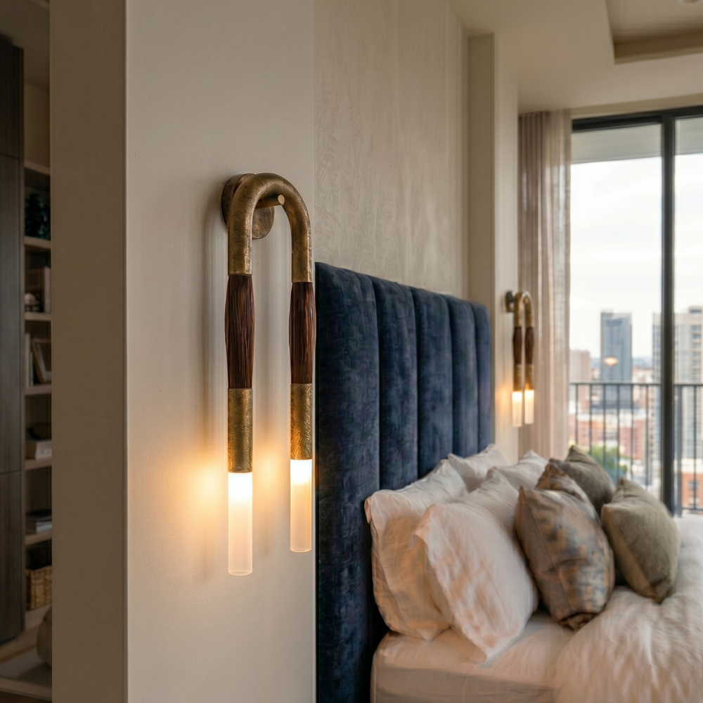 Modernist Double Arm Wall Light with Frosted Glass Shades