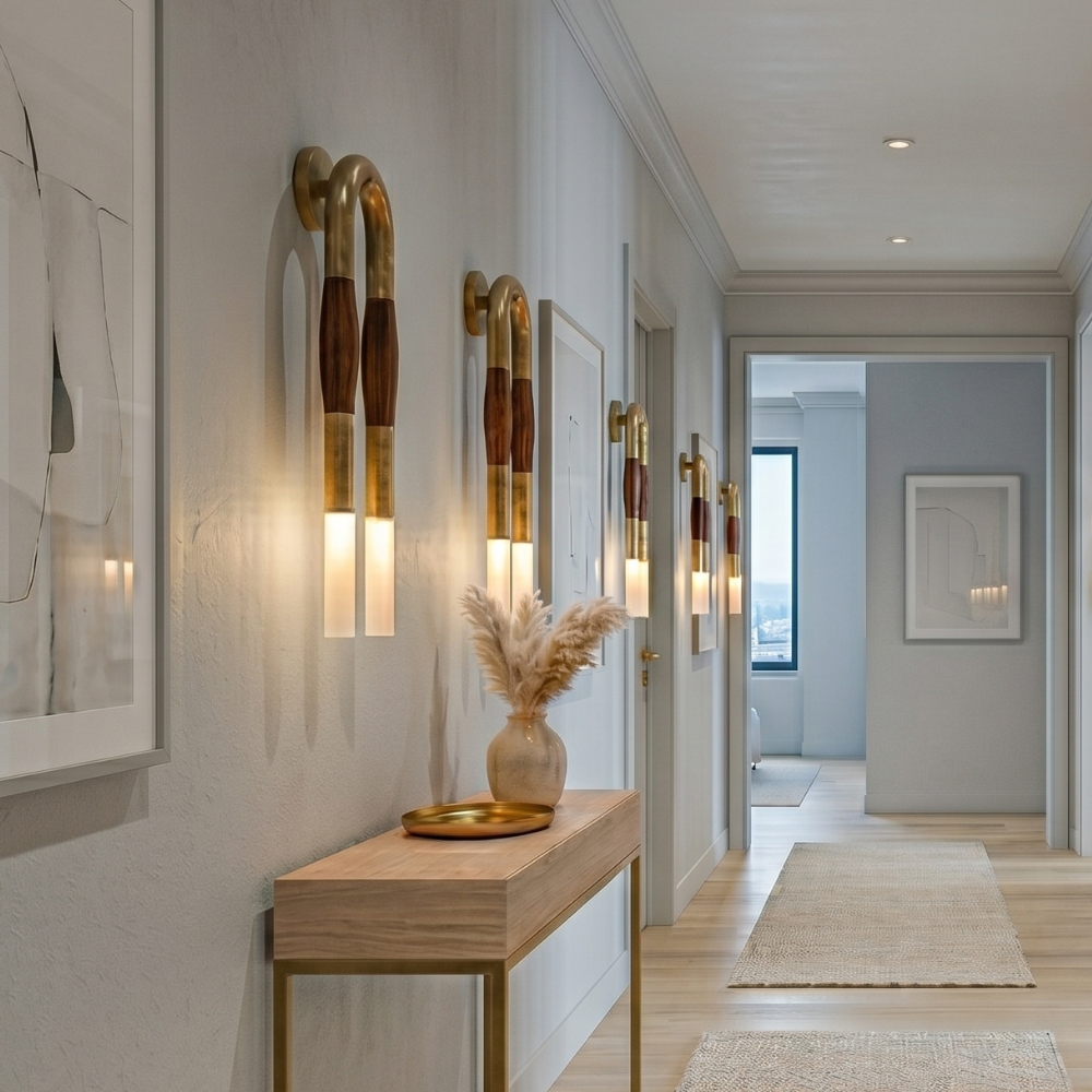 Modernist Double Arm Wall Light with Frosted Glass Shades