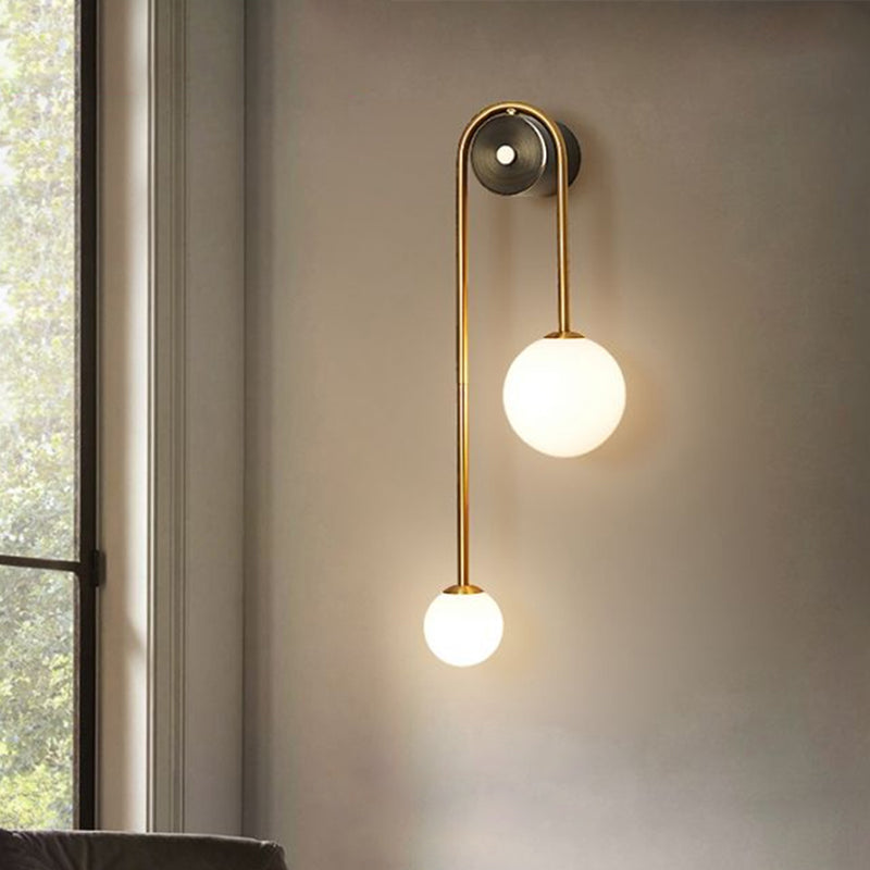 Postmodern Wall Light with Two Milk Glass Globes, Brass
