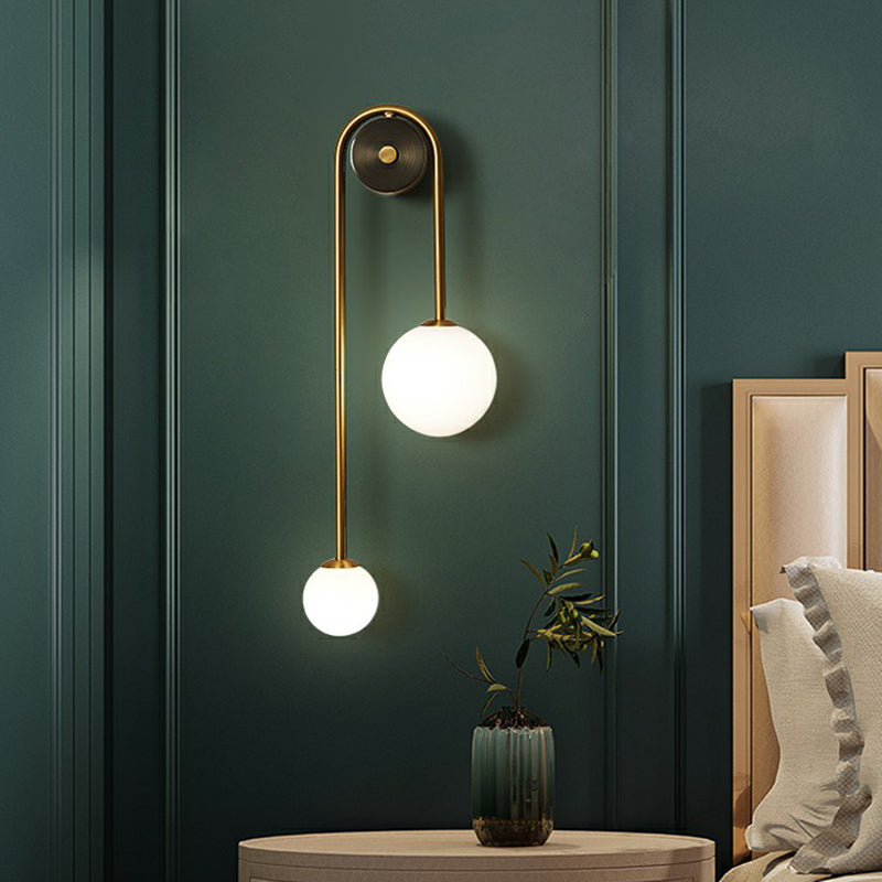 Postmodern Wall Light with Two Milk Glass Globes, Brass