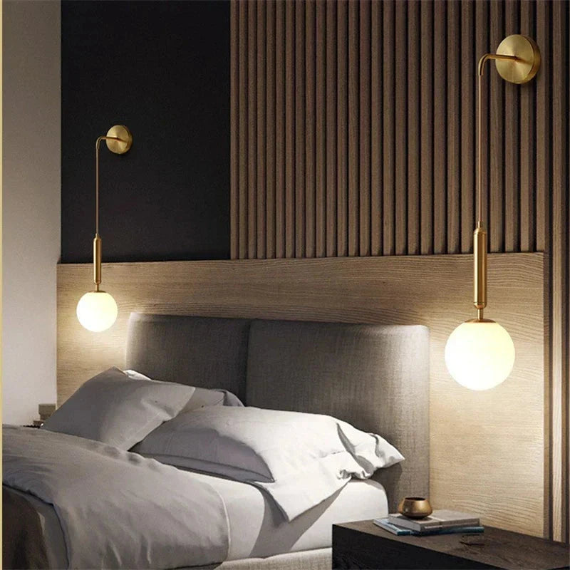 Frosted Glass Globe Wall Light on Slim Arm, Gold or Black