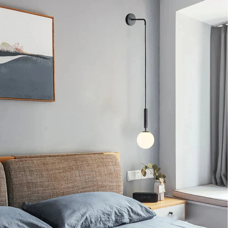 Frosted Glass Globe Wall Light on Slim Arm, Gold or Black