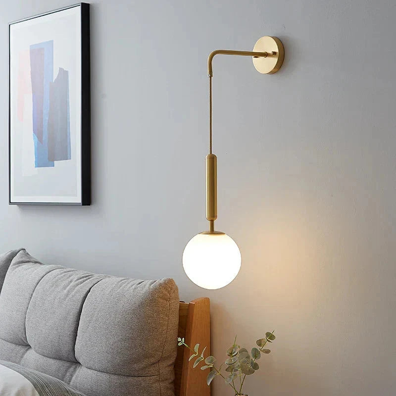 Frosted Glass Globe Wall Light on Slim Arm, Gold or Black