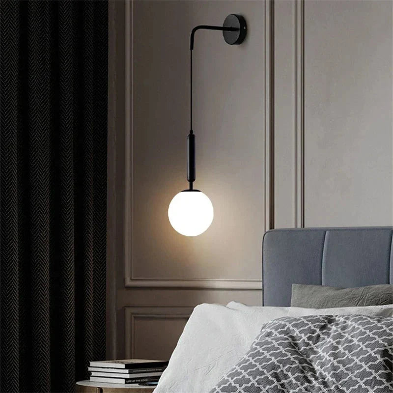 Frosted Glass Globe Wall Light on Slim Arm, Gold or Black