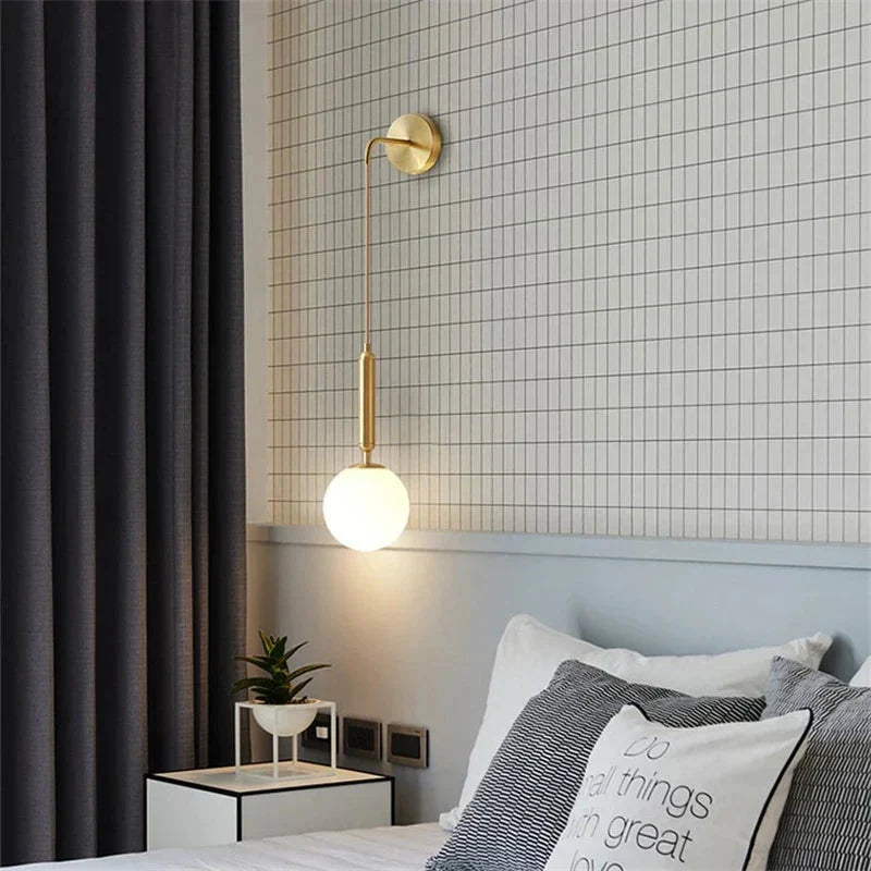 Frosted Glass Globe Wall Light on Slim Arm, Gold or Black