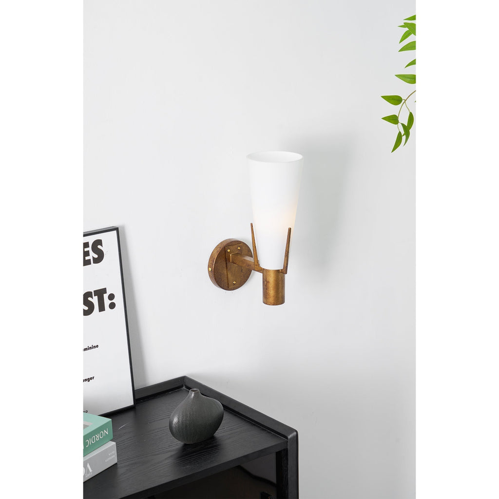 Retro Brass Wall Light with Opal Glass Cone Shade