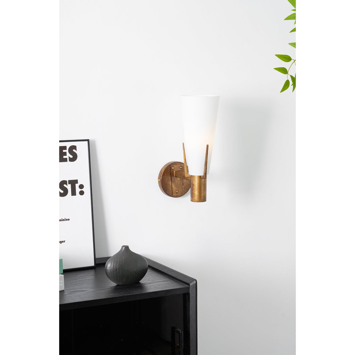 Retro Brass Wall Light with Opal Glass Cone Shade