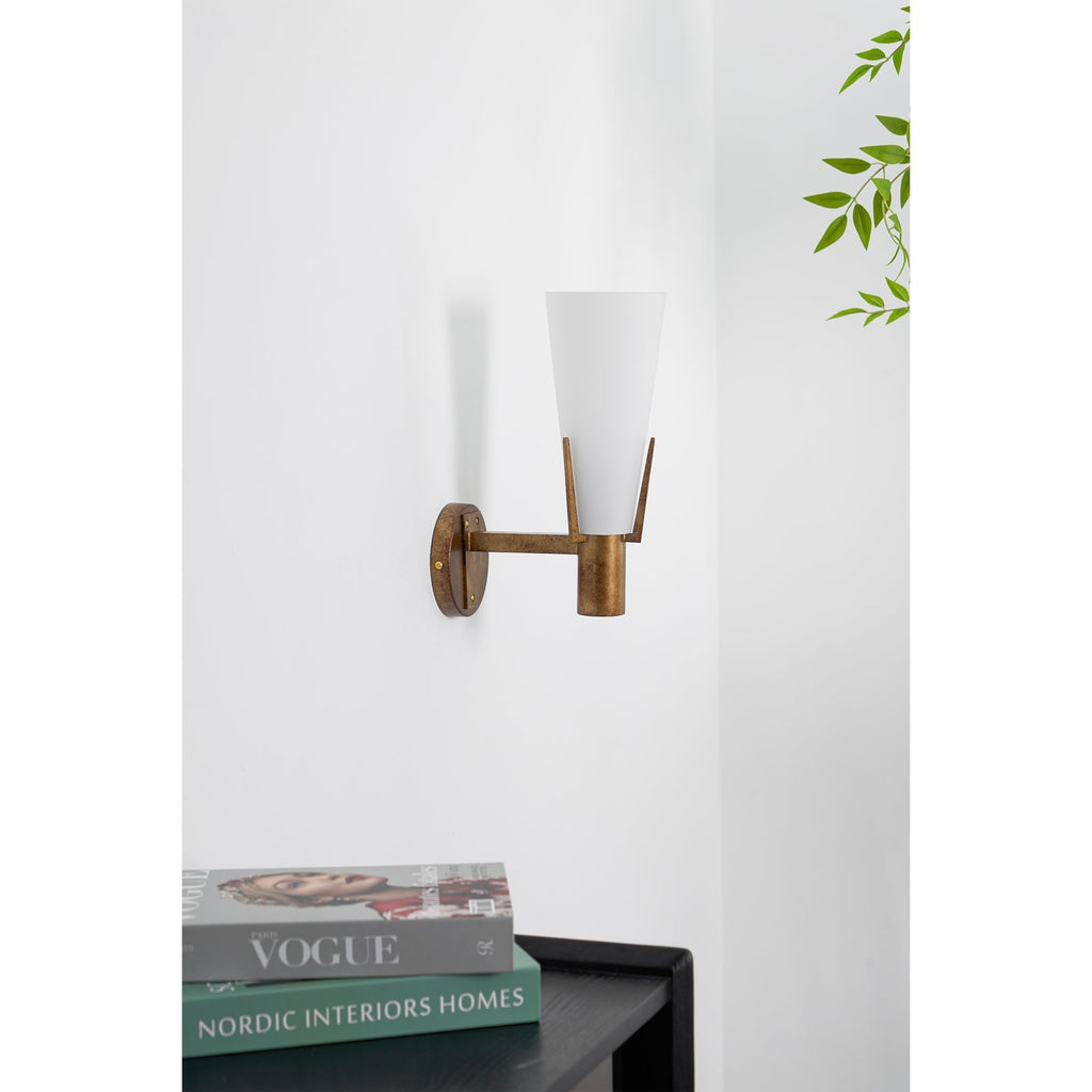 Retro Brass Wall Light with Opal Glass Cone Shade