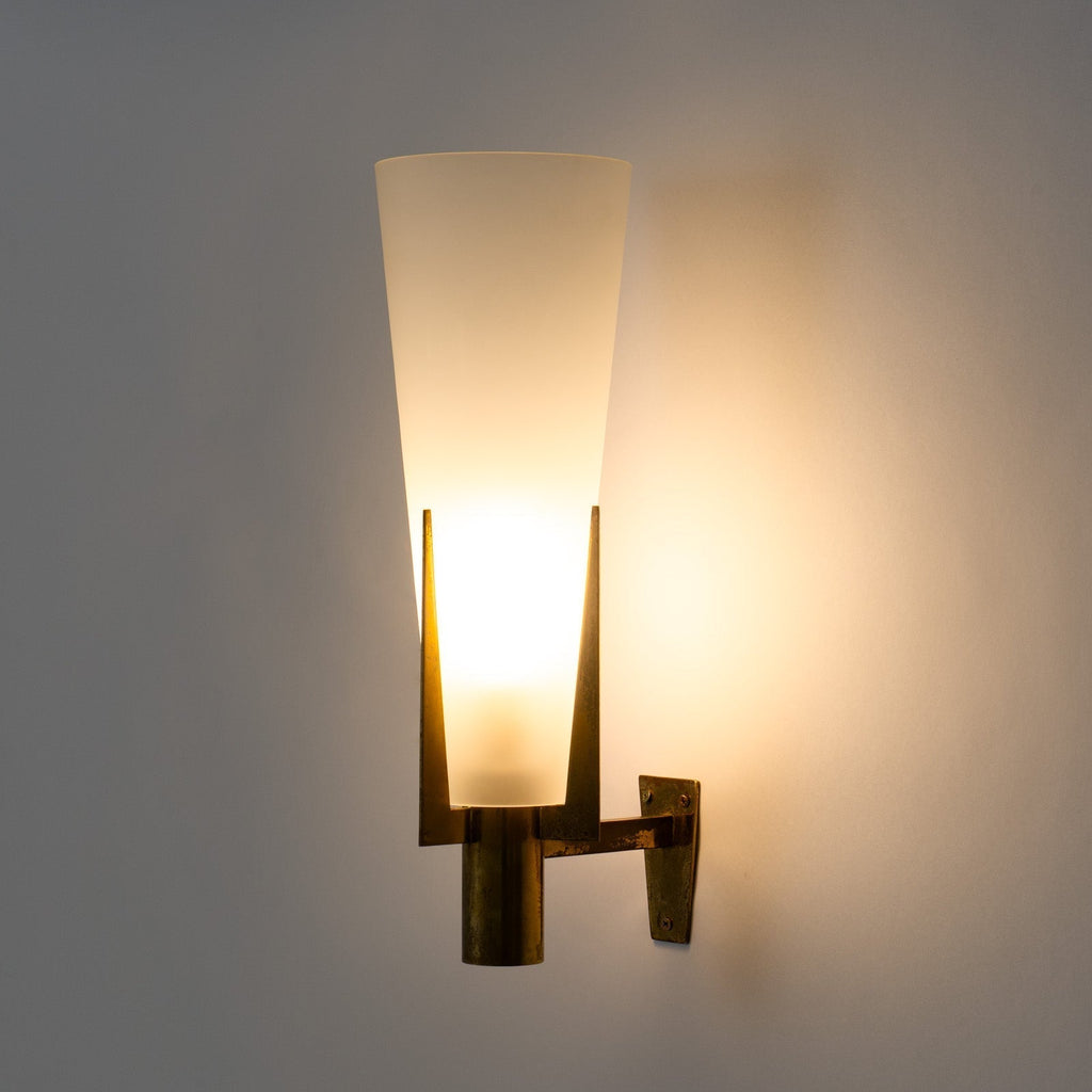 Retro Brass Wall Light with Opal Glass Cone Shade