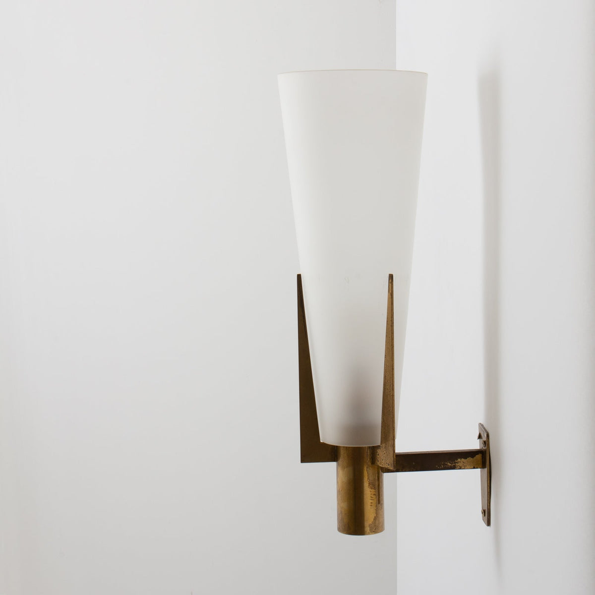 Retro Brass Wall Light with Opal Glass Cone Shade