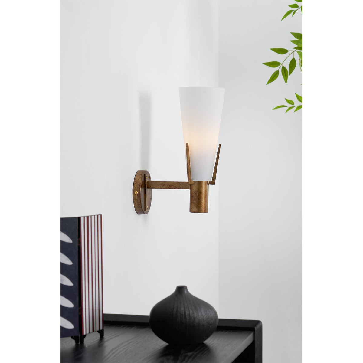Retro Brass Wall Light with Opal Glass Cone Shade