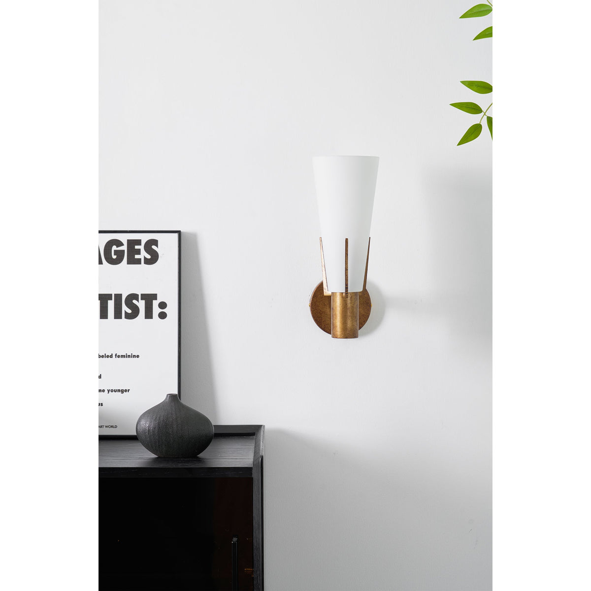 Retro Brass Wall Light with Opal Glass Cone Shade
