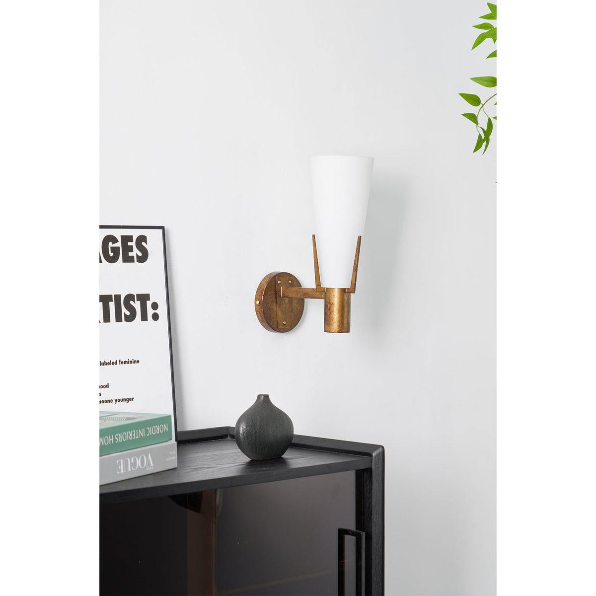 Retro Brass Wall Light with Opal Glass Cone Shade