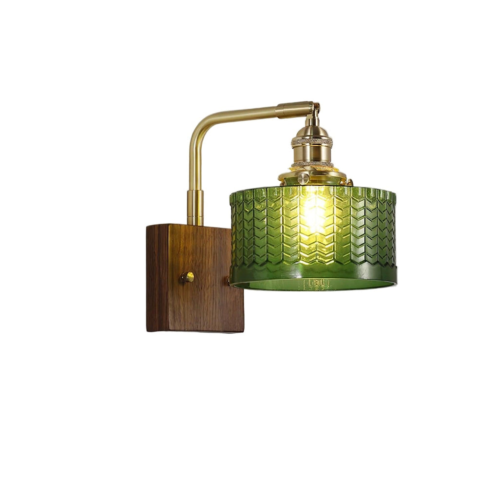 Retro Herringbone Glass Wall Light with Wooden Base