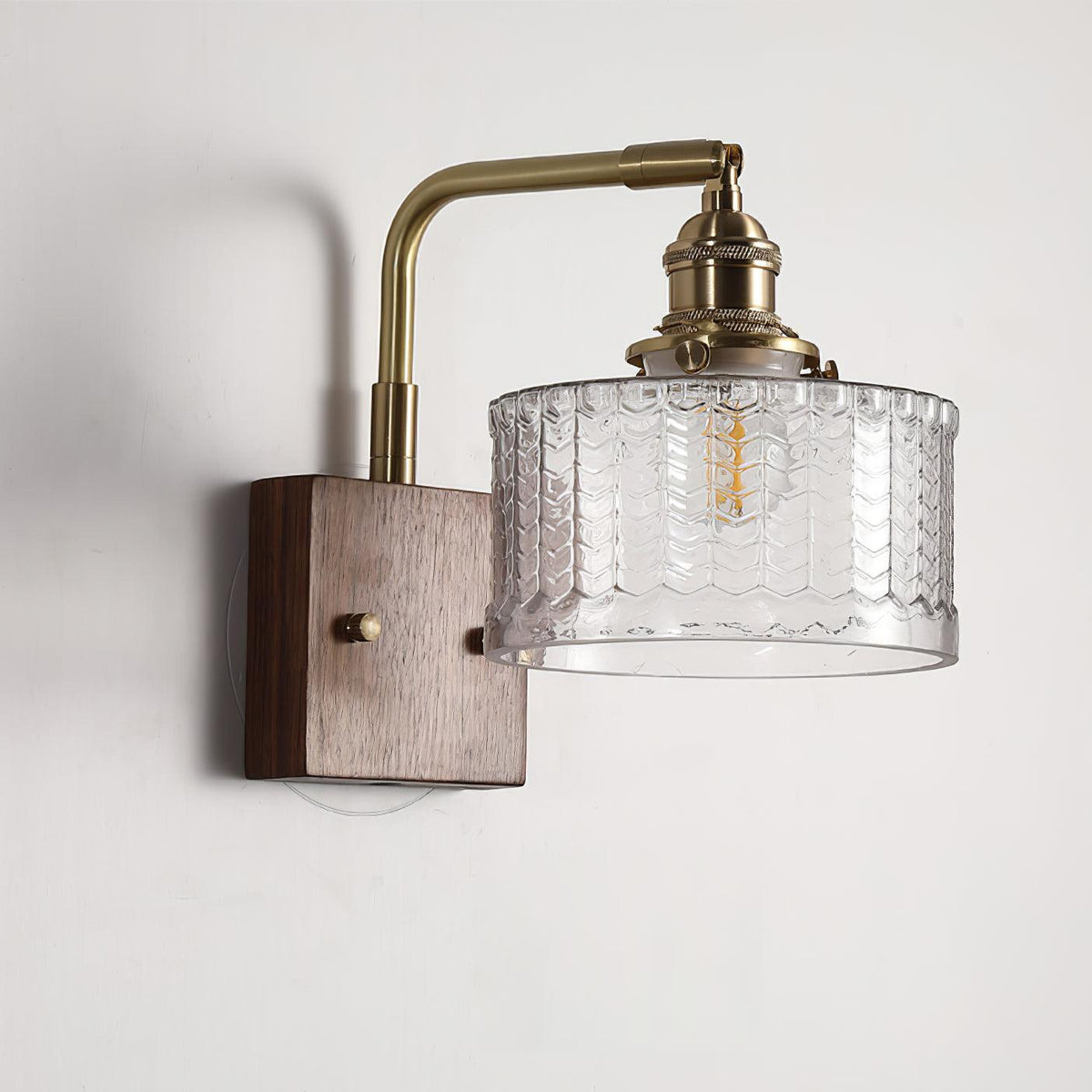 Retro Herringbone Glass Wall Light with Wooden Base
