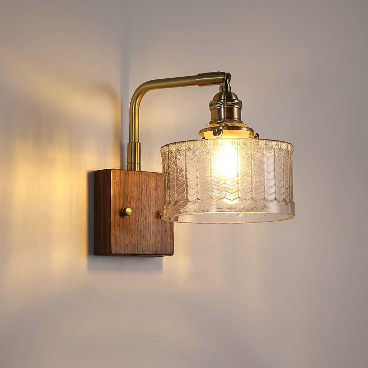 Retro Herringbone Glass Wall Light with Wooden Base