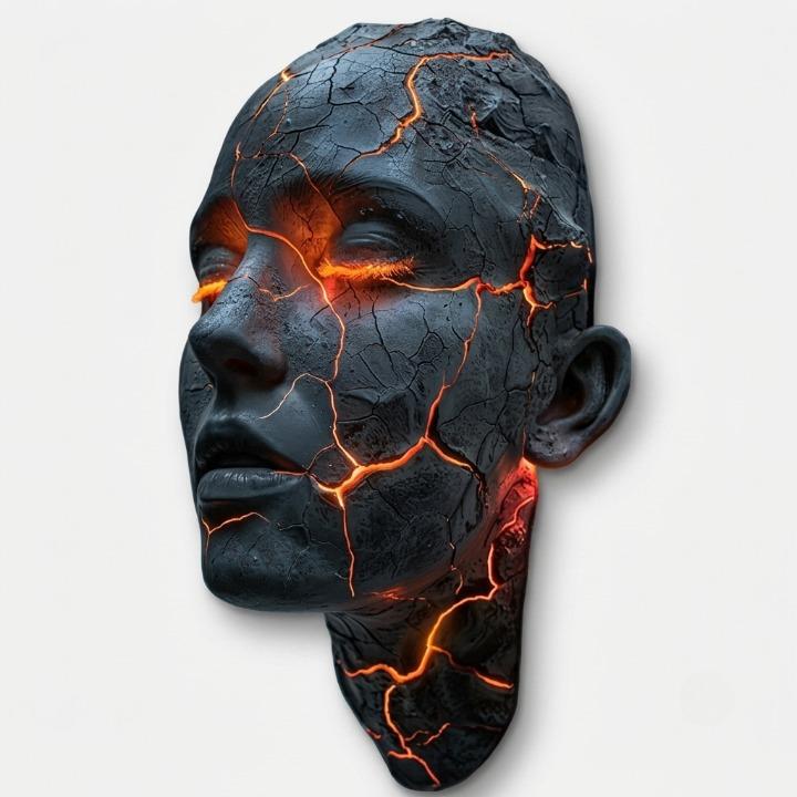 Sculptural Face Wall Light with Glowing Cracks, LED Resin Art