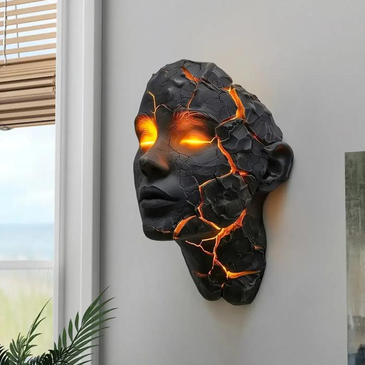 Sculptural Face Wall Light with Glowing Cracks, LED Resin Art