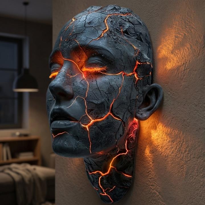 Sculptural Face Wall Light with Glowing Cracks, LED Resin Art