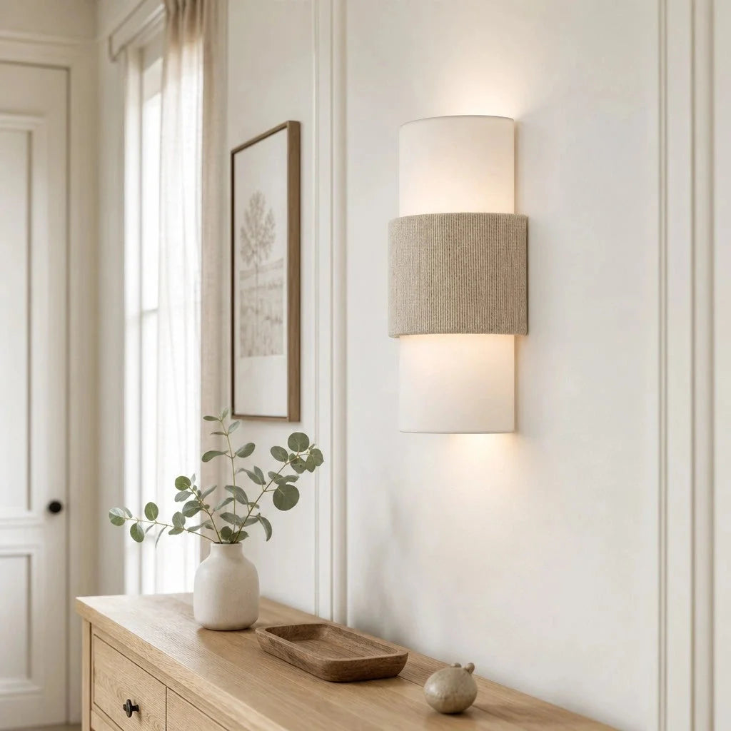 Scandi Twin Cylinder Wall Light with Woven Band Detail