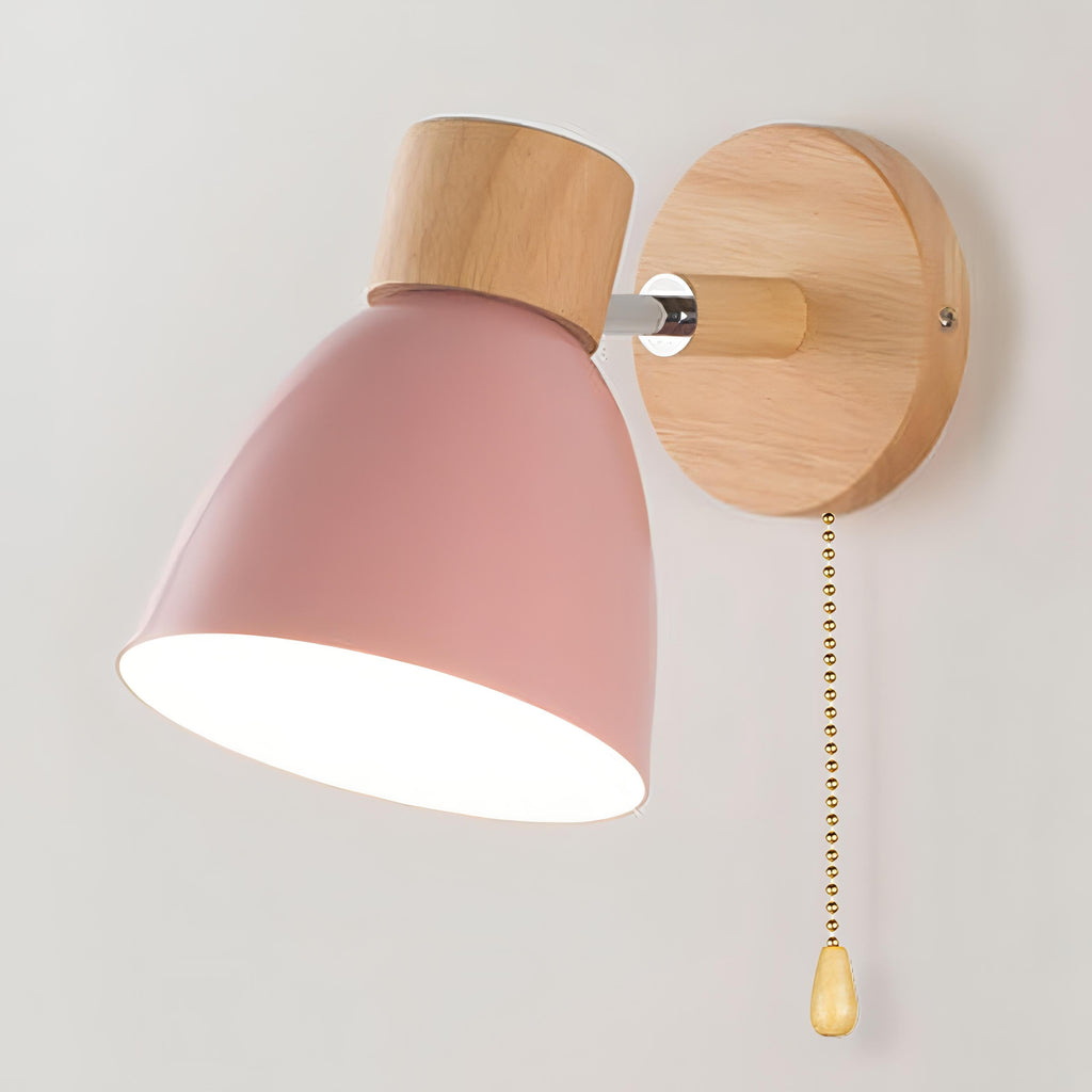 Scandi Wall Light with Wood Base and Pull Chain Switch