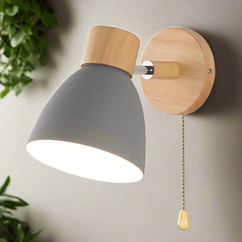 Scandi Wall Light with Wood Base and Pull Chain Switch