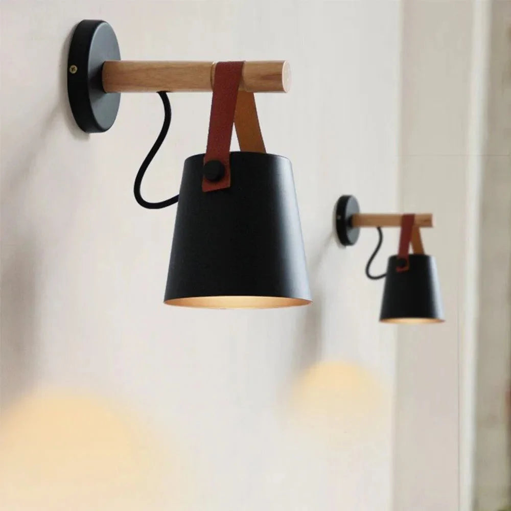 Scandinavian Wall Light with Wooden Arm and Lantern Shade