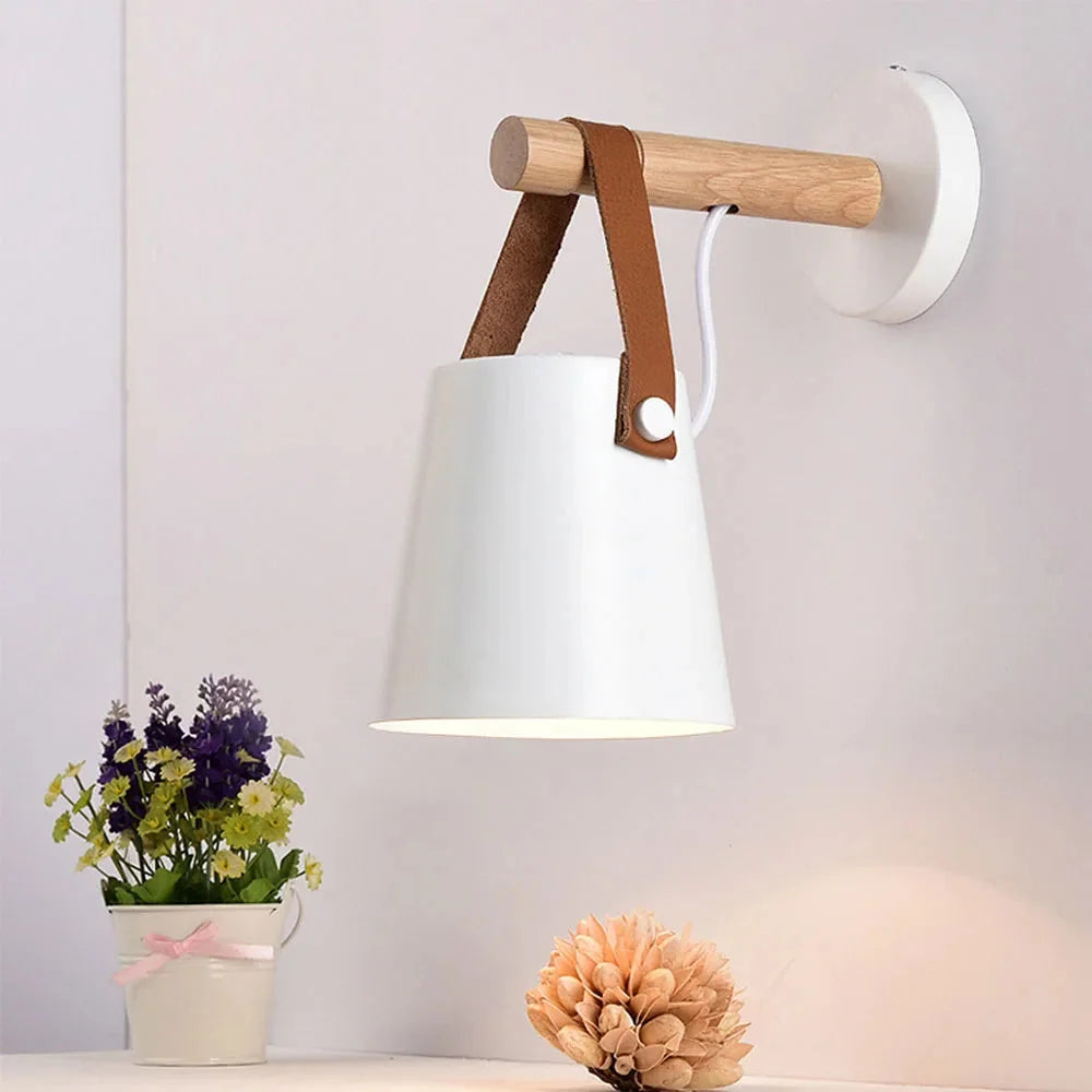 Scandinavian Wall Light with Wooden Arm and Lantern Shade