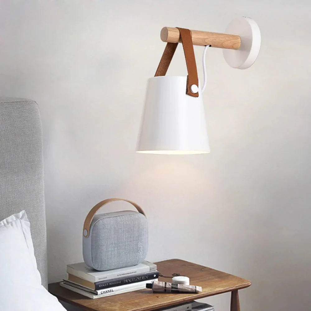 Scandinavian Wall Light with Wooden Arm and Lantern Shade