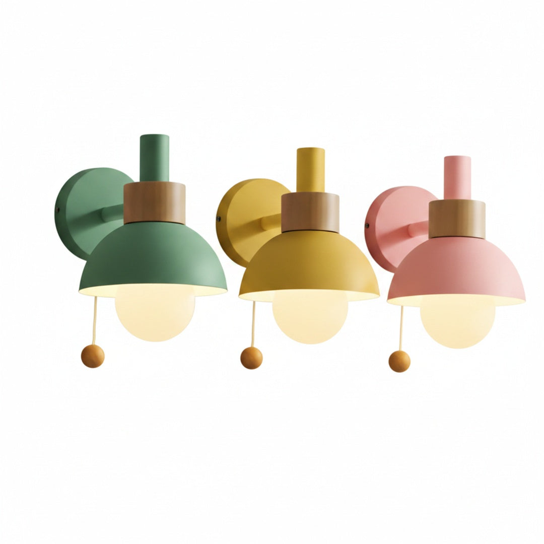 Scandi Half-Dome Wall Light with Wood Ring and Pull Cord