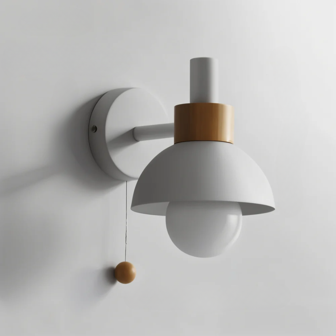 Scandi Half-Dome Wall Light with Wood Ring and Pull Cord