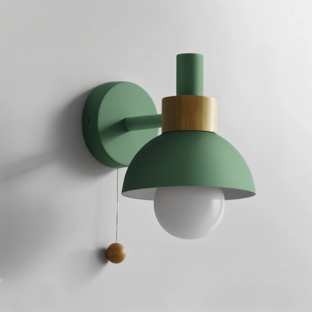 Scandi Half-Dome Wall Light with Wood Ring and Pull Cord