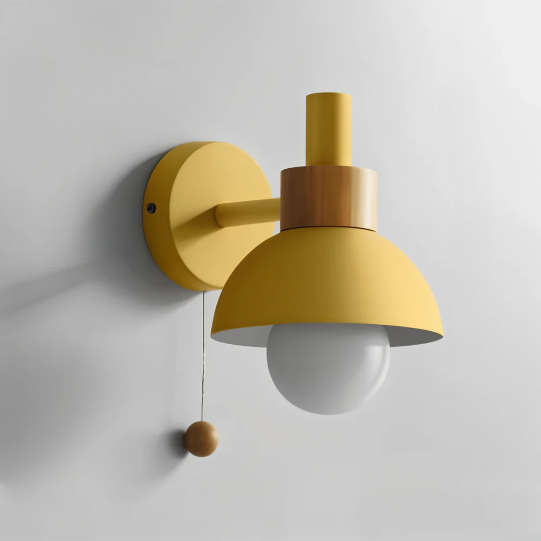 Scandi Half-Dome Wall Light with Wood Ring and Pull Cord
