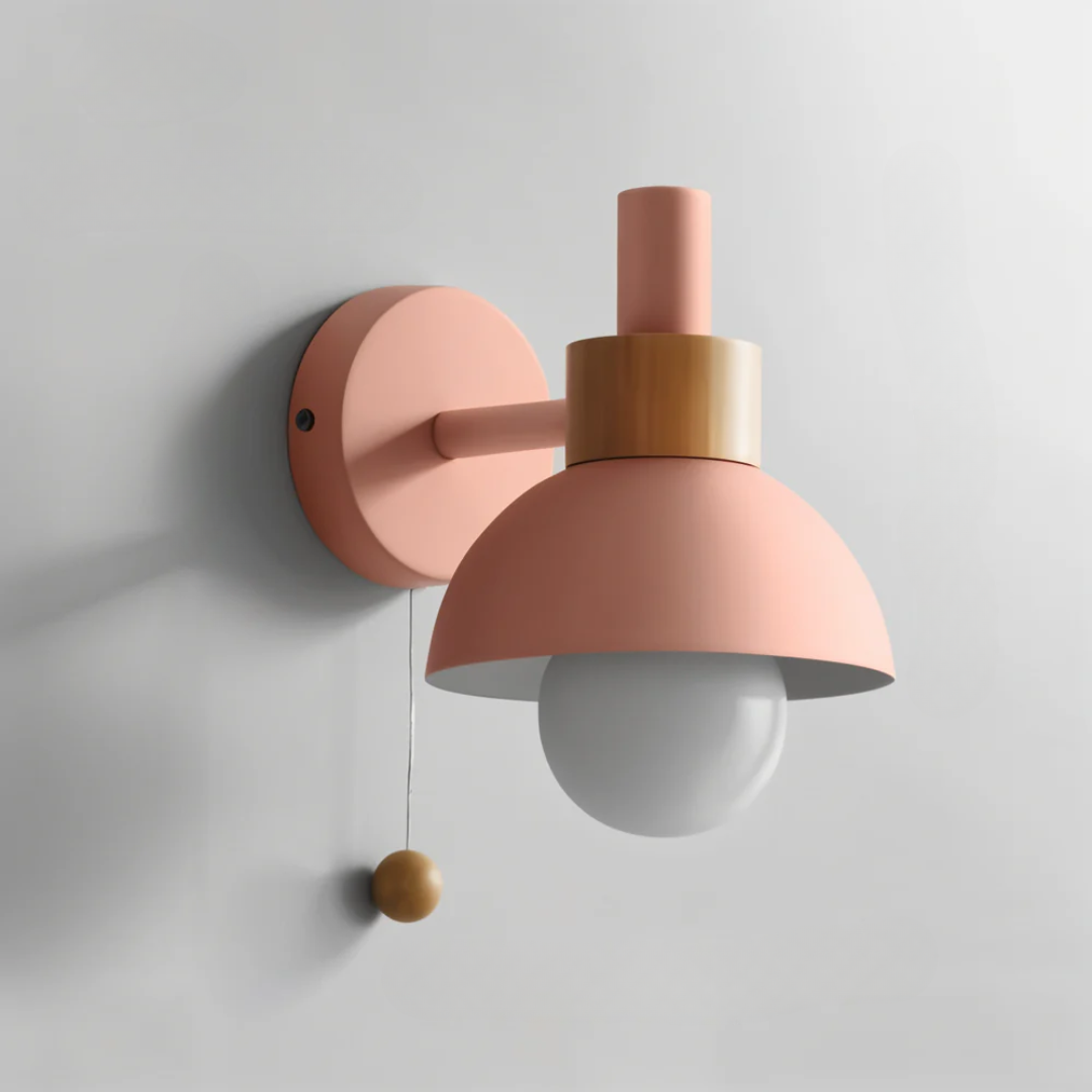 Scandi Half-Dome Wall Light with Wood Ring and Pull Cord