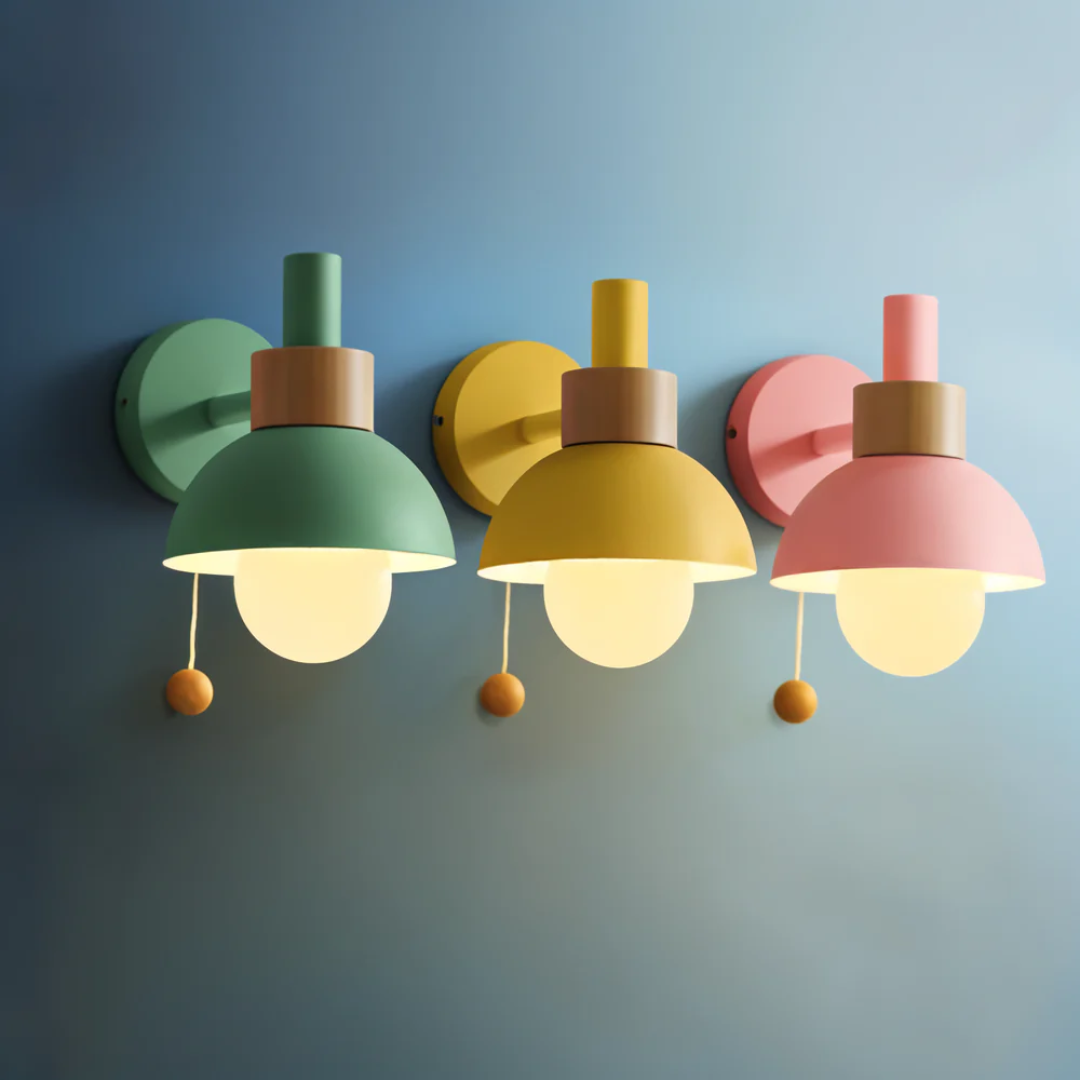 Scandi Half-Dome Wall Light with Wood Ring and Pull Cord