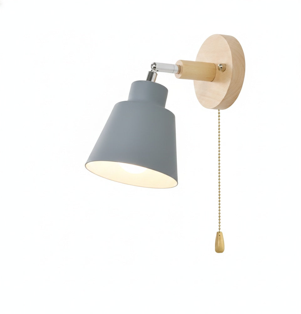 Scandinavian Wall Light with Wood Arm and Pull Chain Switch