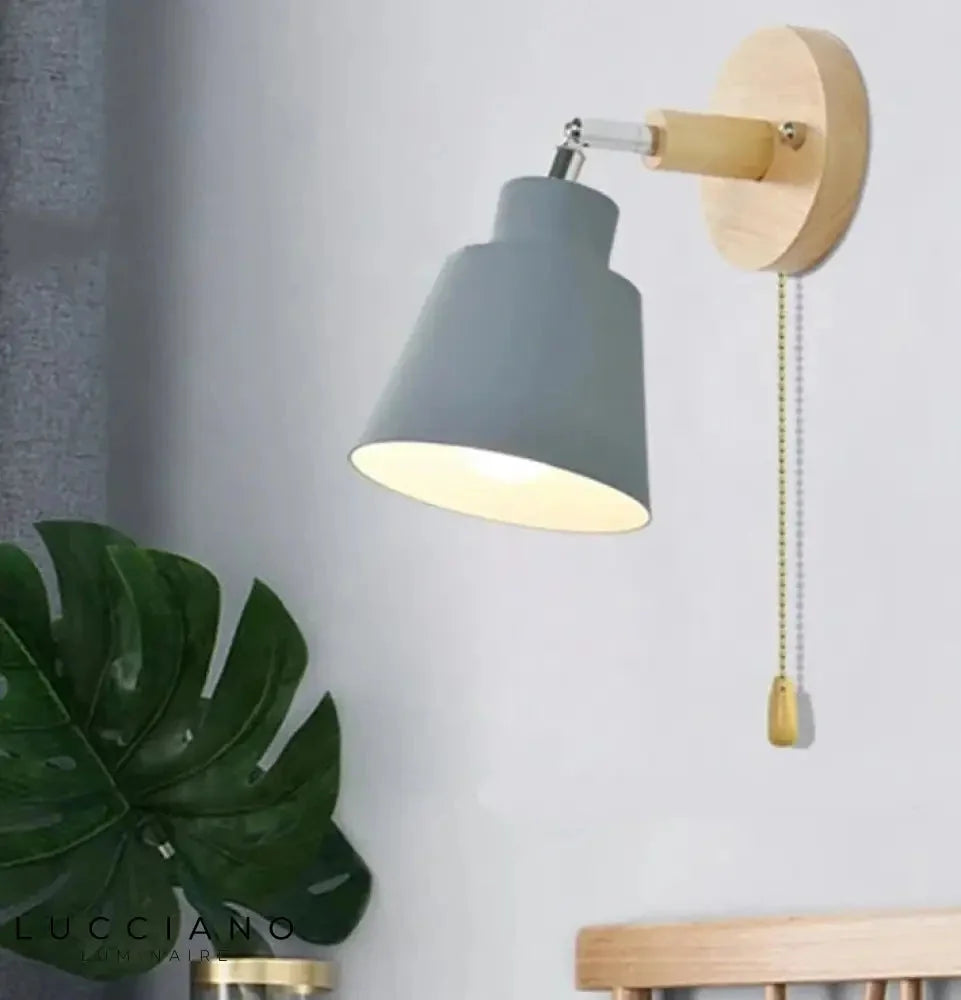 Scandinavian Wall Light with Wood Arm and Pull Chain Switch