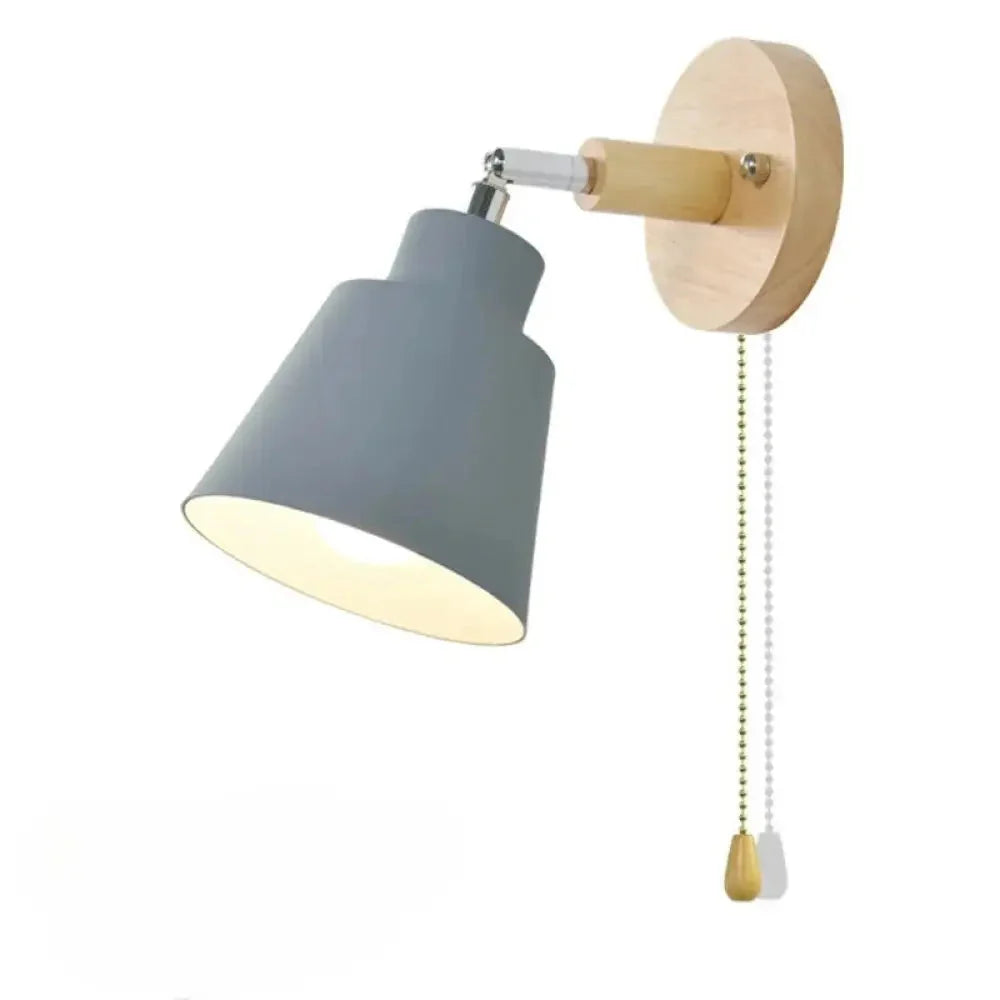 Scandinavian Wall Light with Wood Arm and Pull Chain Switch