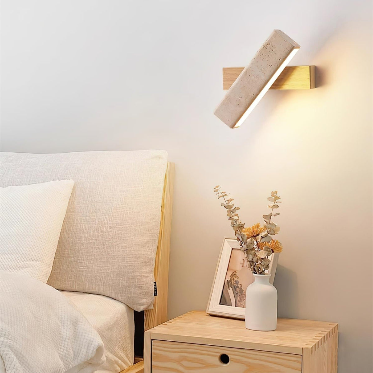 Scandi Travertine and Wood Wall Light, Swivel Shade
