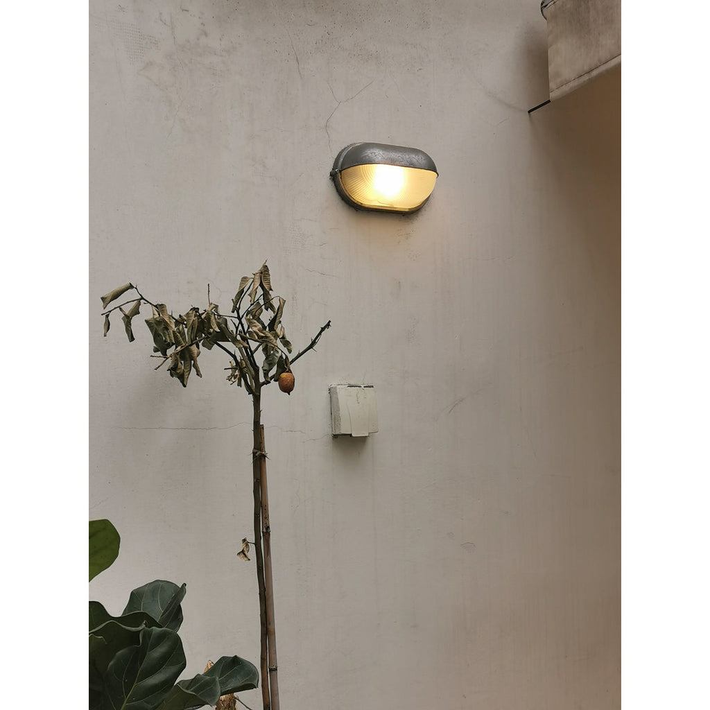 Industrial Outdoor Wall Light with Ribbed Glass Shade